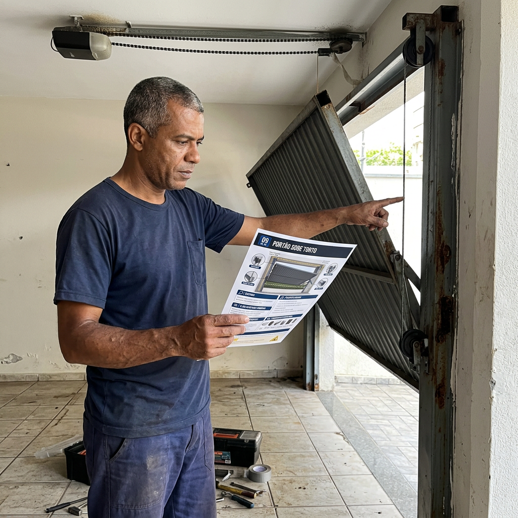 Técnico usando a ficha para verificar cabo e roldana do portão