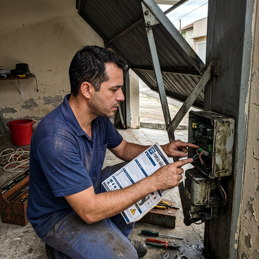 Técnico brasileiro consultando a ficha diante do motor do portão
