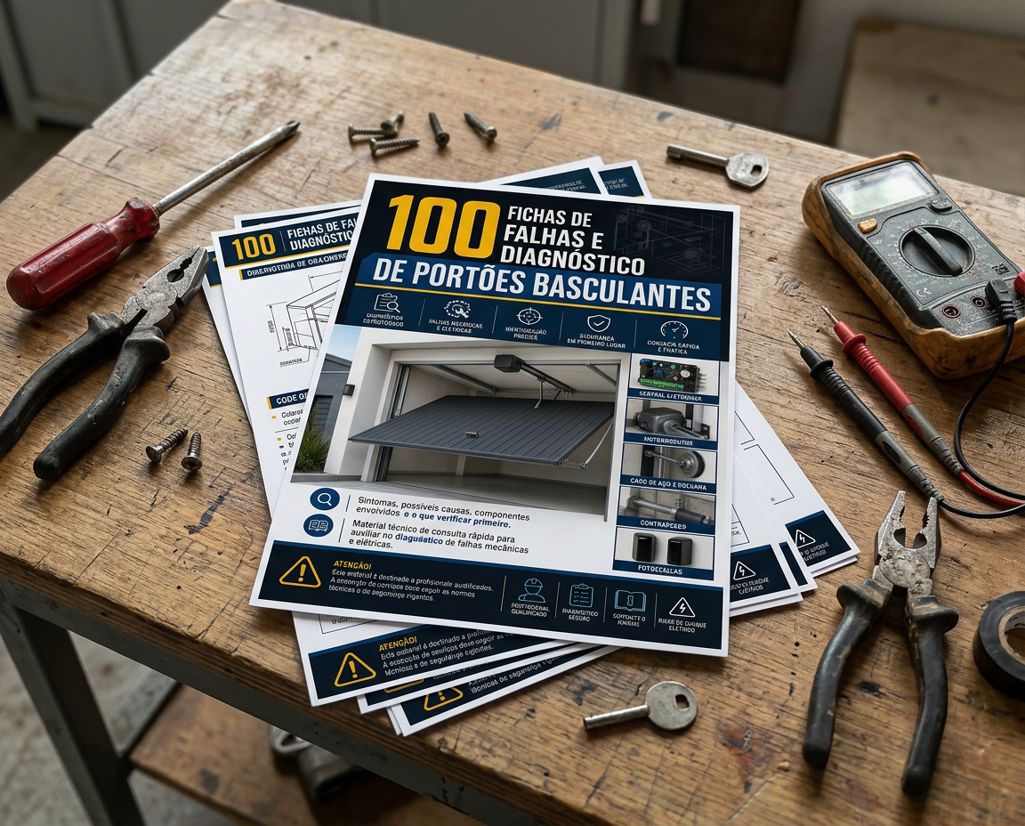 Material impresso com as 100 fichas de diagnóstico de portões basculantes sobre uma bancada com ferramentas