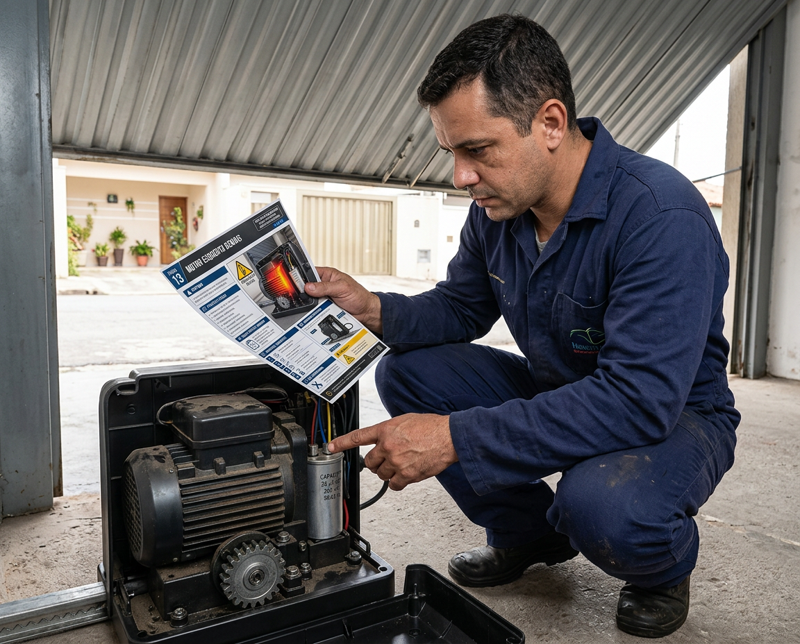 Técnico brasileiro usando a Ficha 13 para diagnosticar falhas no motor de um portão basculante